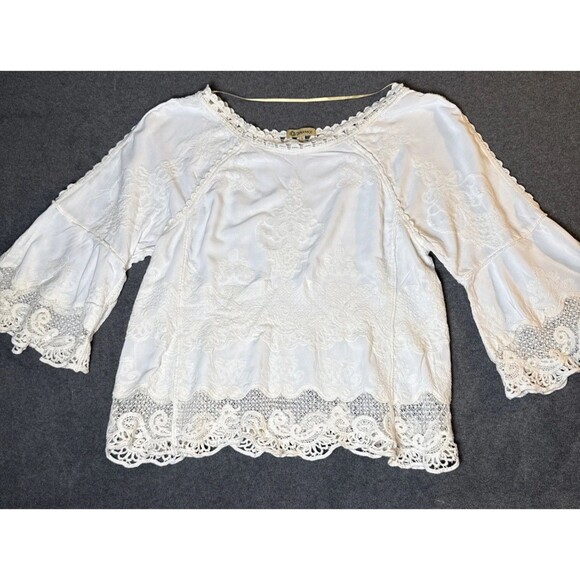 Democracy Lace Embroidered Open Arm Bell Sleeve Crochet Top Ivory Womens Large - Picture 1 of 4